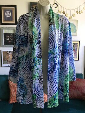 TRAVEL ELEMENTS size L White Blue & Green Mosaic Open Cardigan Topper Jacket